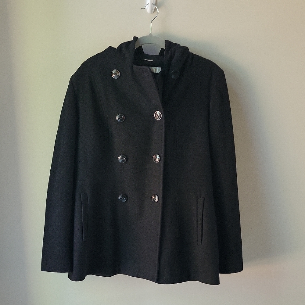 Larry Levine Pea Coat Womens Large Double Breasted‎ Black Timeless Classic